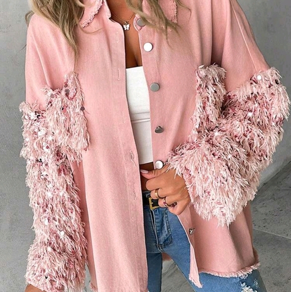 Spring & Fall Turn-Down Collar Contrast Sequin Raw Hem Button Front Shacket - Picture 5 of 6